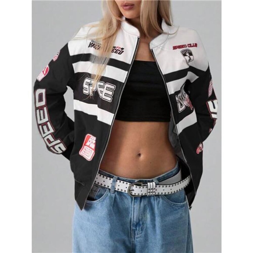 Letter Zip Up Dropped Shoulder Jacket - Picture 4 of 6